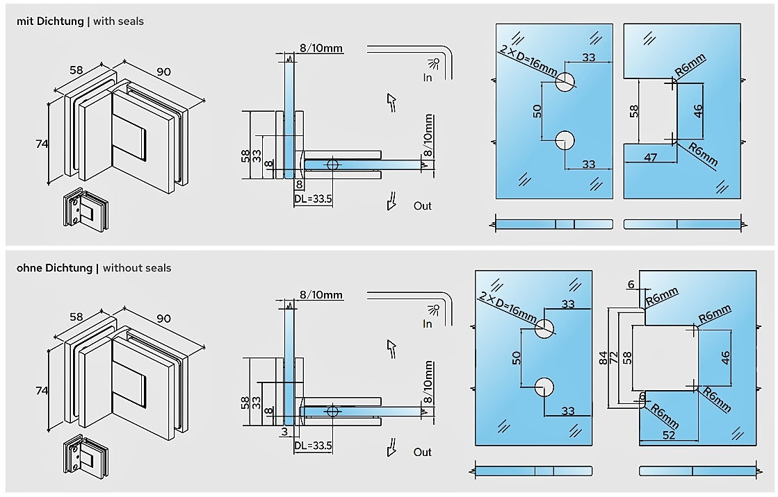 Bellagio Pendeltürband 90° Glas-Glas – 8/10 mm ESG, 50 kg, einstellbar – Art.Nr. BEL392