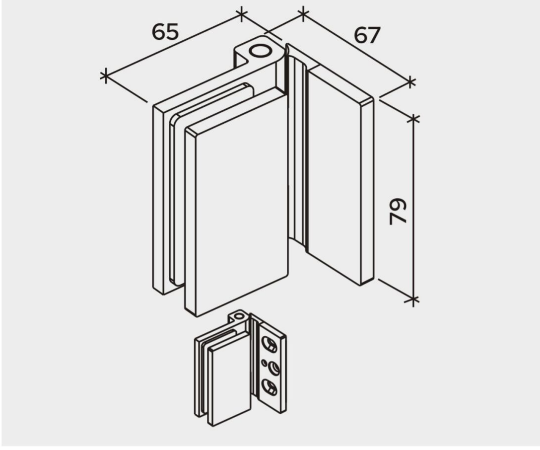 COMO Anschlagband 90° Glas-Wand, Maßzeichnung – Beschlagmaße 65/67/79 mm, Art.Nr. COM044
