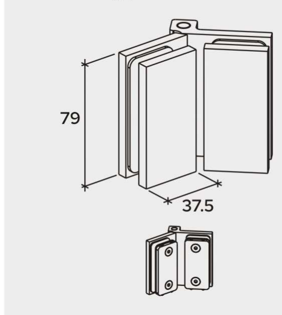 COMO Anschlagband 135° Glas-Glas, Maßzeichnung, Iso-Ansicht mit 79 und 37,5 mm, Art.Nr. COM045