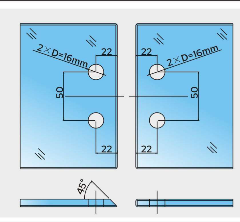 COMO Anschlagband 135° Glas-Glas, Glasausschnitt mit Dichtung, 2x d16 mm, Bohrabstand 22 und 50 mm, Art.Nr. COM045