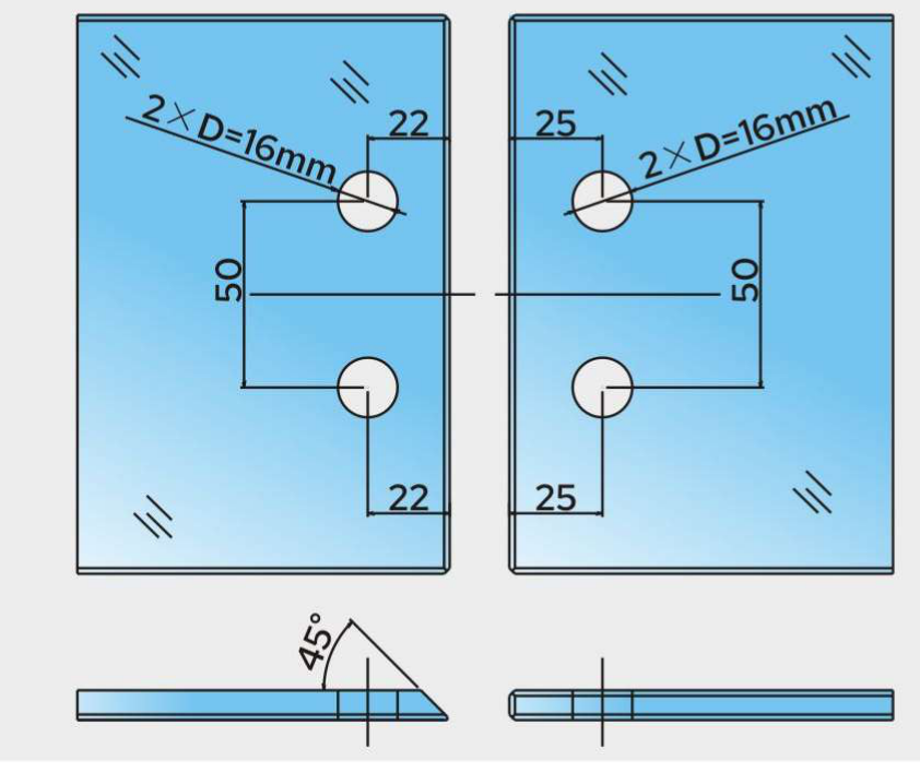 COMO Anschlagband 135° Glas-Glas, Glasausschnitt ohne Dichtung, 2x d16 mm, Bohrabstand 25 und 50 mm, Art.Nr. COM045