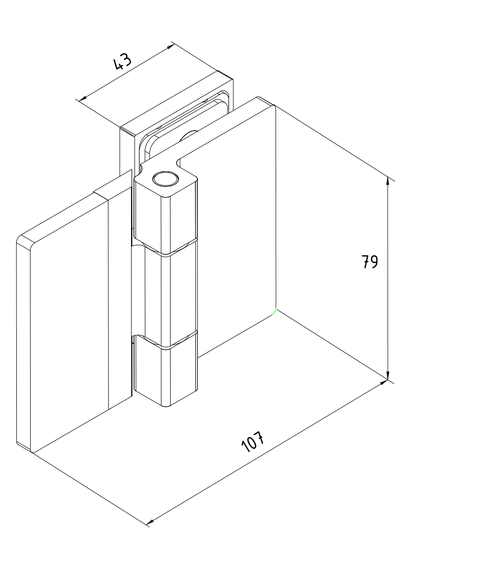 COMO Anschlagband 180° Glas-Wand, Maßzeichnung, Iso-Ansicht mit 43, 79 und 107 mm, Art.Nr. COM054