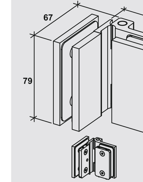 COMO Anschlagband 90° Glas-Glas nach außen öffnend, Maßzeichnung, Schenkel 67 und 65 mm, Höhe 79 mm, Art.Nr. COM092A