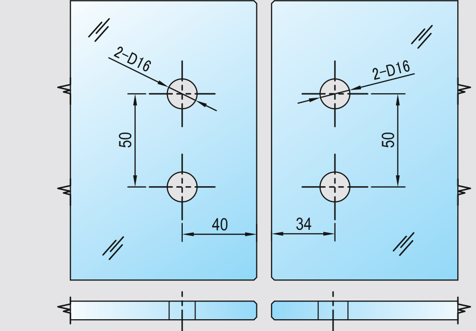 COMO Anschlagband 90° Glas-Glas nach außen öffnend, Glasausschnitt mit Dichtung, 2x d16 mm, Bohrabstand 40/34 und 50 mm, Art.Nr. COM092A