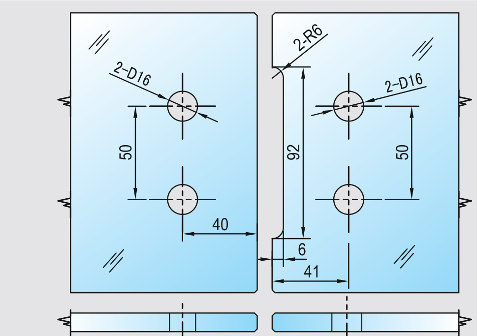 COMO Anschlagband 90° Glas-Glas nach außen öffnend, Glasausschnitt ohne Dichtung, 2x d16 mm mit R6-Eckradius, Bohrabstand 40 und 50 mm, Art.Nr. COM092A
