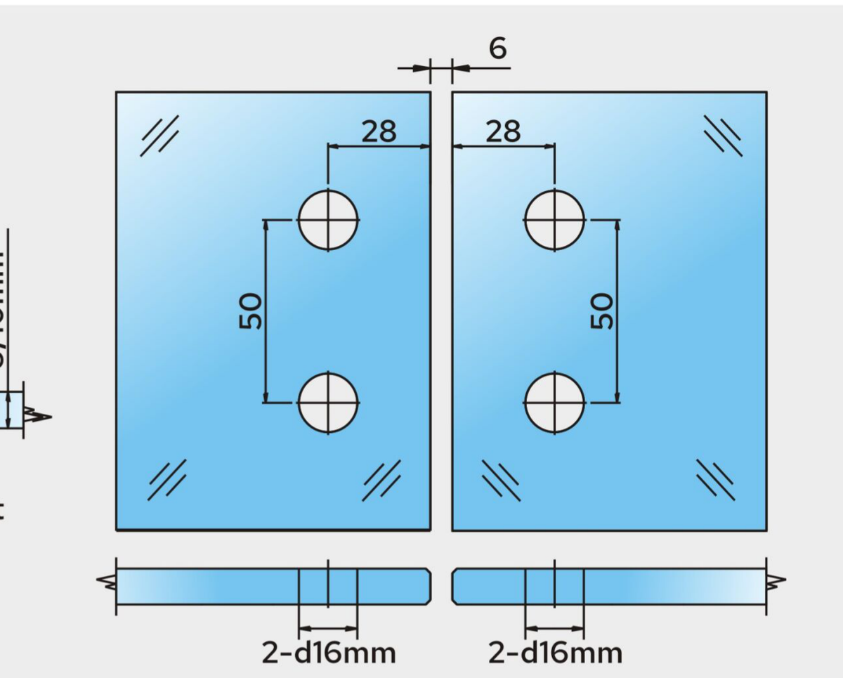 COMO Anschlagband 180° Glas-Glas, Glasausschnitt mit Dichtung, 2x d16 mm, Bohrabstand 28 und 50 mm, Art.Nr. COM180