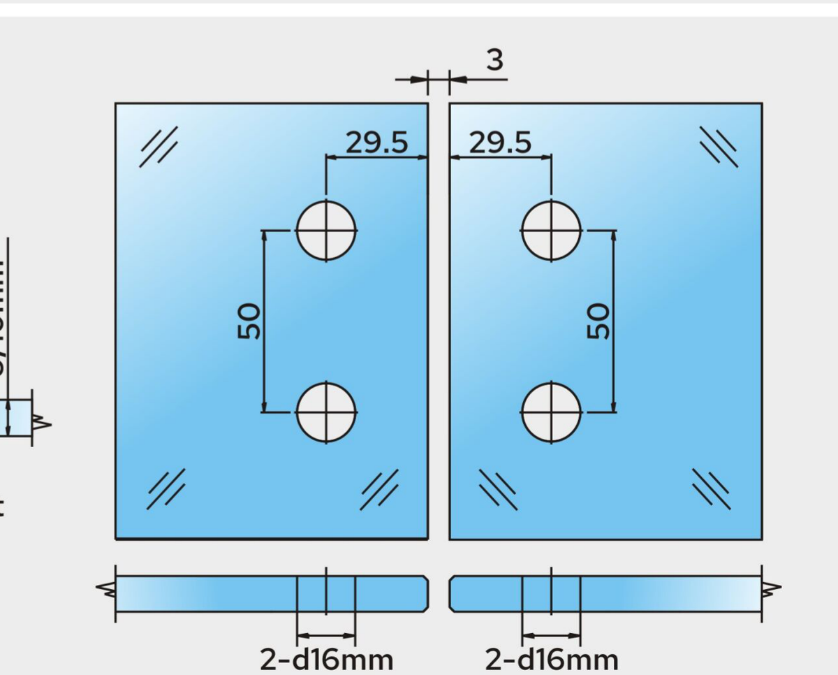 COMO Anschlagband 180° Glas-Glas, Glasausschnitt ohne Dichtung, 2x d16 mm, Bohrabstand 29,5 und 50 mm, Art.Nr. COM180