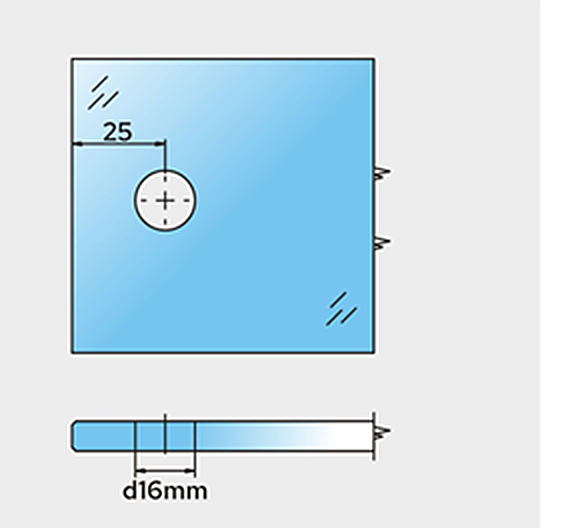 Bohrbild COMO COM90S Wandwinkel Glas-Wand 90 Grad: Festglas 1x Bohrung Ø 16 mm, Randabstand 25 mm, für 8 und 10 mm ESG