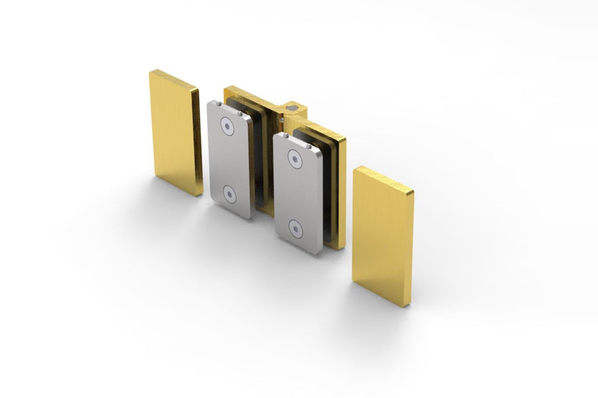 COMO Anschlagband 180° Glas-Glas, Messing matt (goldfarbig), Einzelteile mit Abdeckplatten