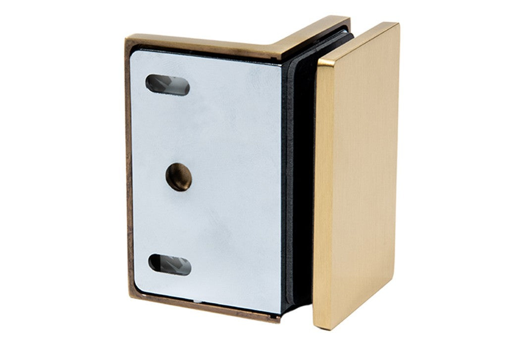 COMO Wandwinkel 90° Glas-Wand, Messing matt (goldfarbig), Rückansicht mit Anschraubplatte