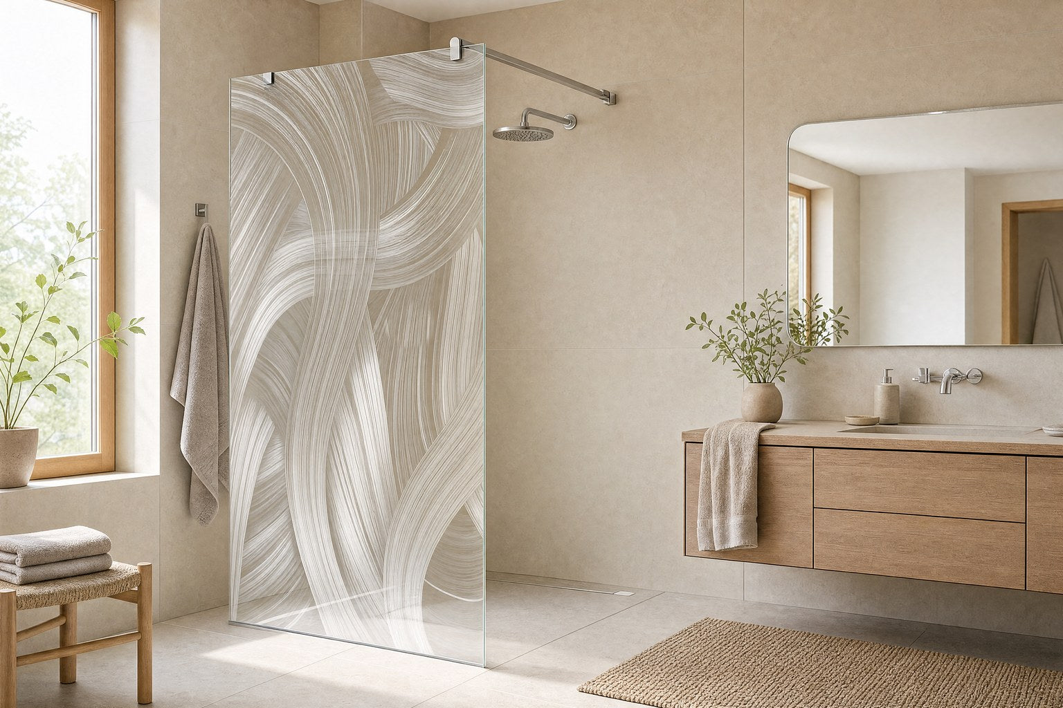 Designduschglas mit Lasergravur, Wellen-Motiv, als Walk-in-Duschwand in hellem Bad