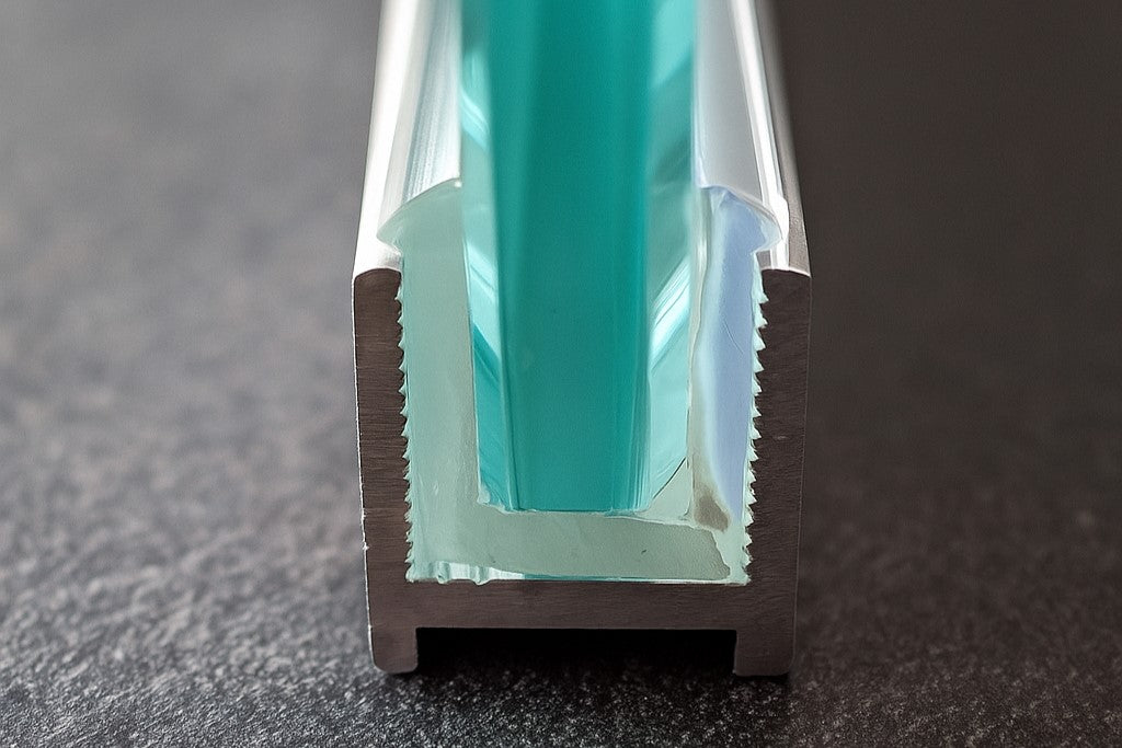 Alu U-Profil mit L-Vinyl und Kederstab, silikonfreie Befestigung für 8 oder 10 mm Glas – Art.Nr. DUC
