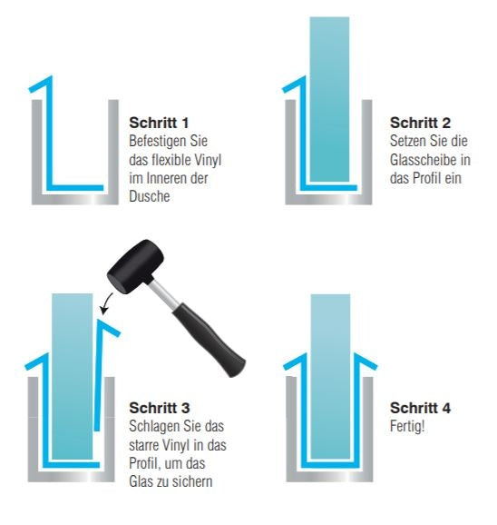 Alu U-Profil mit L-Vinyl und Kederstab, silikonfreie Befestigung für 8 oder 10 mm Glas – Art.Nr. DUC