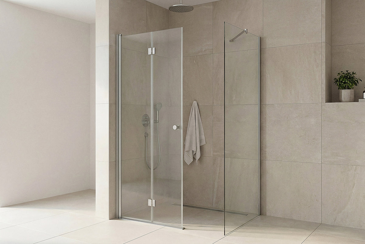 Match Eckdusche mit Falttür und fester Seitenwand aus 6 mm ESG-Glas