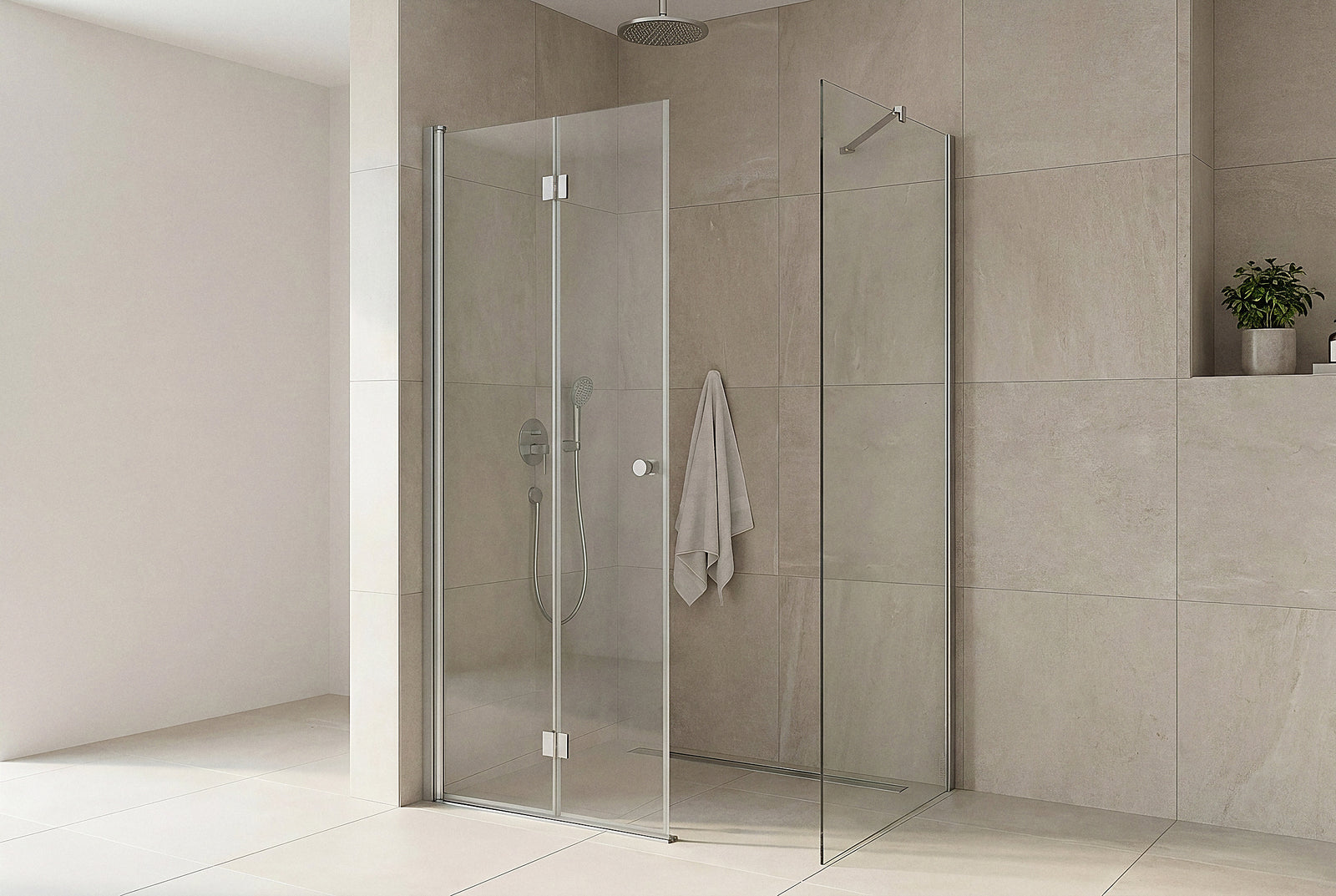 Match Eckdusche mit Falttür und fester Seitenwand aus 6 mm ESG-Glas