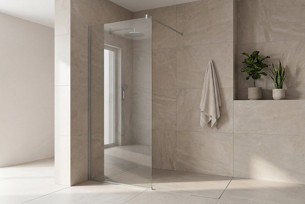 Match Walk-in Duschwand aus 6 mm ESG-Glas mit Stabilisierung in einer bodengleichen Dusche