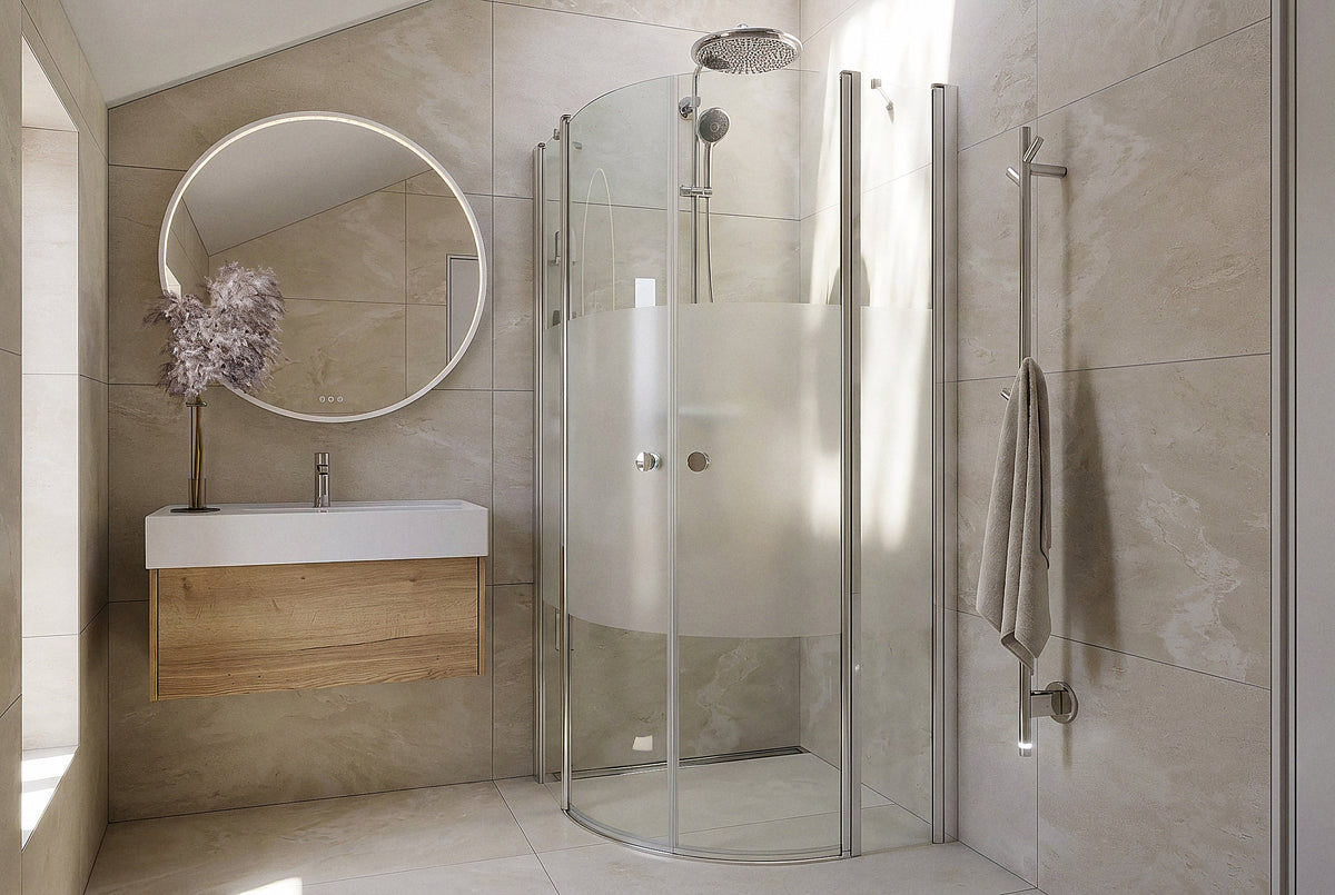 Match Viertelkreis-Dusche mit zwei gebogenen Drehtüren, teils satiniertes 6 mm ESG-Glas