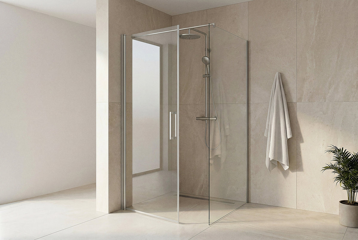 Match Eckdusche mit Drehtür und fester Seitenwand aus 6 mm ESG-Glas