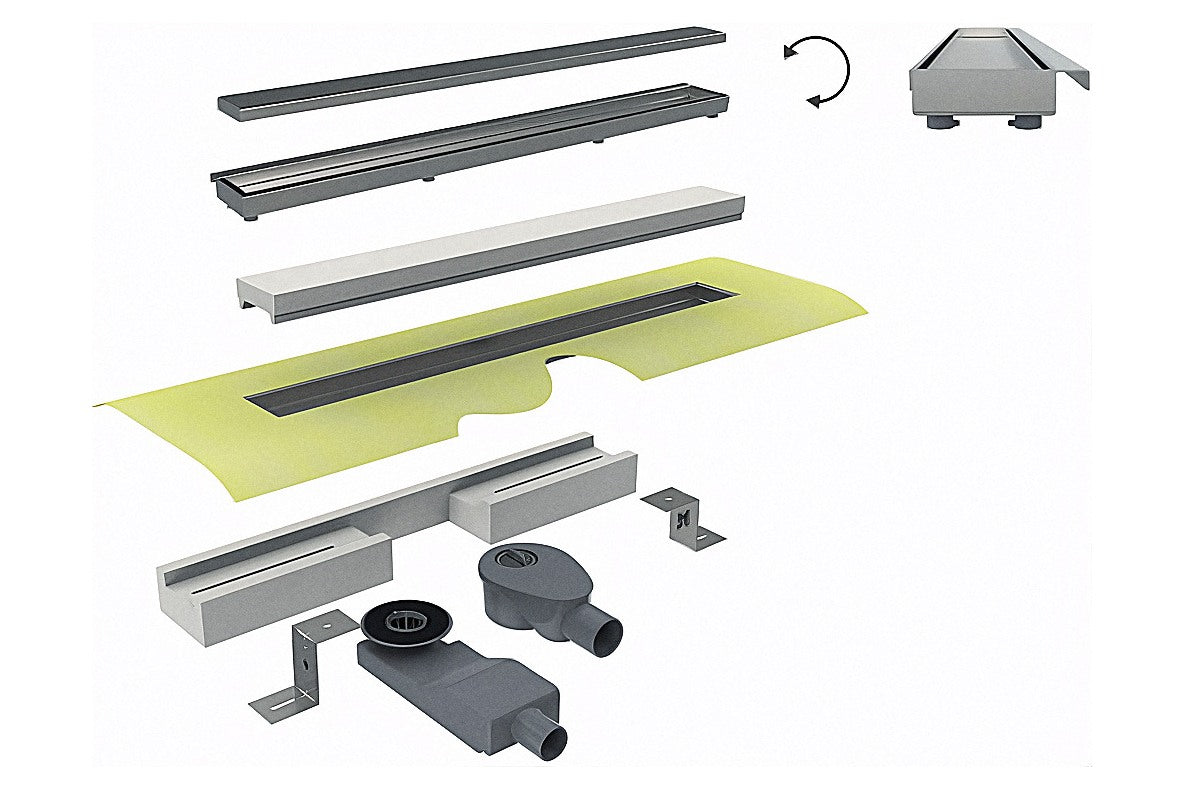 FORMAT Tec Flex Duschrinne Komplett-Set mit Rinnenkörper, Dichtvlies, 2 Siphons, Montageblöcken und drehbarer Abdeckung
