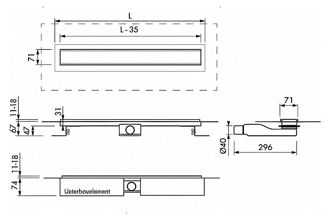 Maßzeichnung FORMAT Tec Flex-F Duschrinne mit Einbaumaßen für beide Sperrwasserhöhen