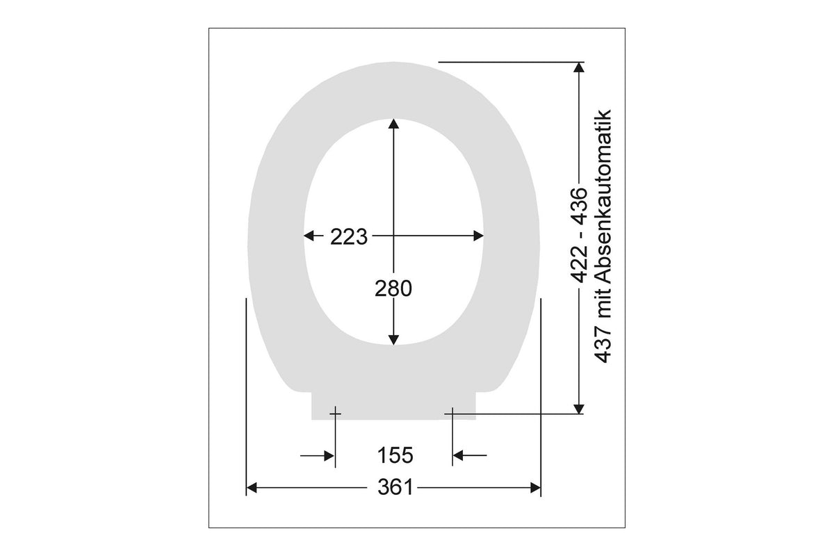 Maßzeichnung FORMAT Basic 2.0 WC-Sitz oval: 361 mm breit, Länge 422-437 mm, Lochabstand 155 mm