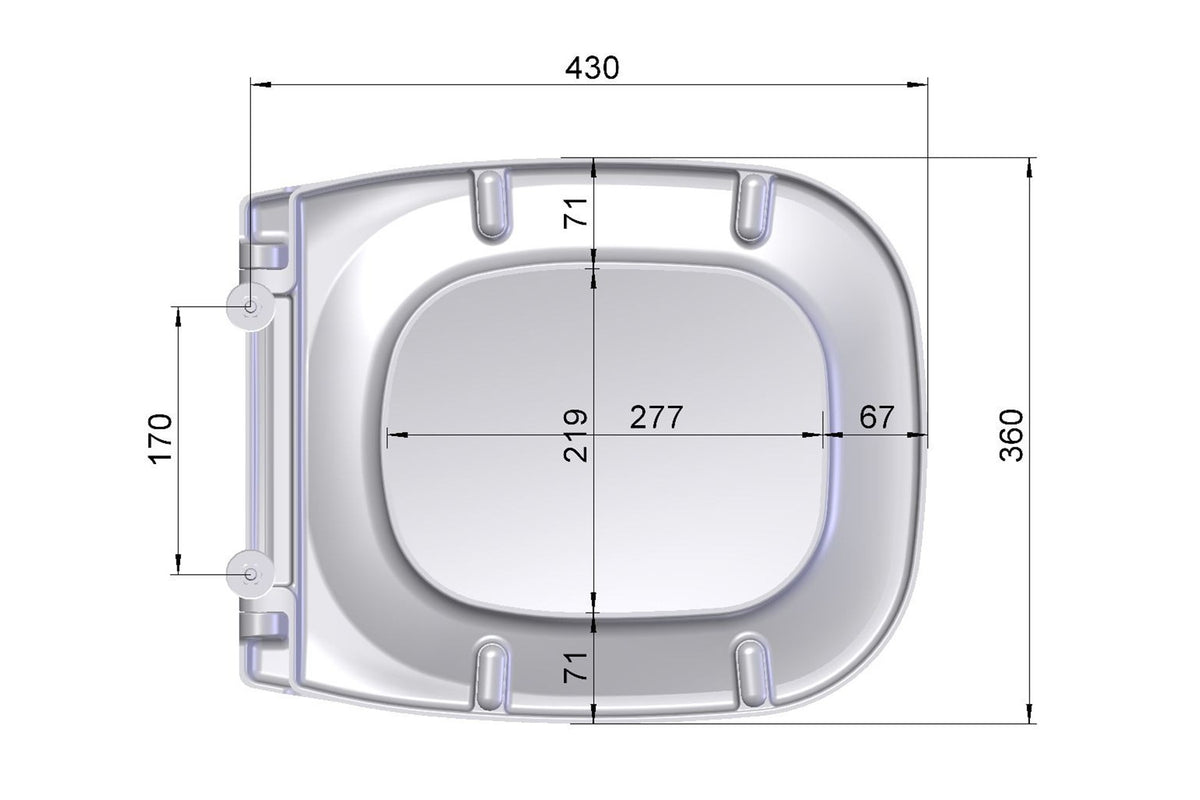 Maßzeichnung FORMAT Basic 2.0-D WC-Sitz: 360 mm breit, 430 mm lang, Lochabstand 170 mm