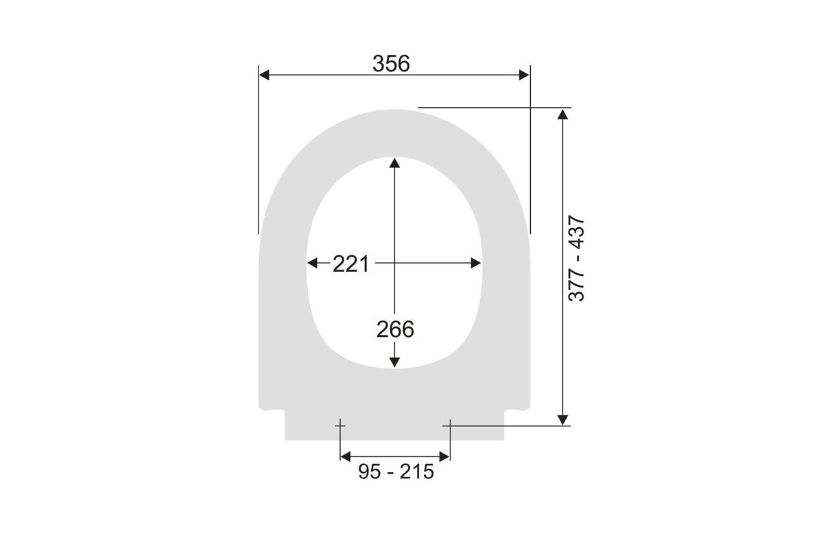 Maßzeichnung FORMAT Design 3.0 WC-Sitz: 356 mm breit, Länge 377-437 mm, Lochabstand 95-215 mm