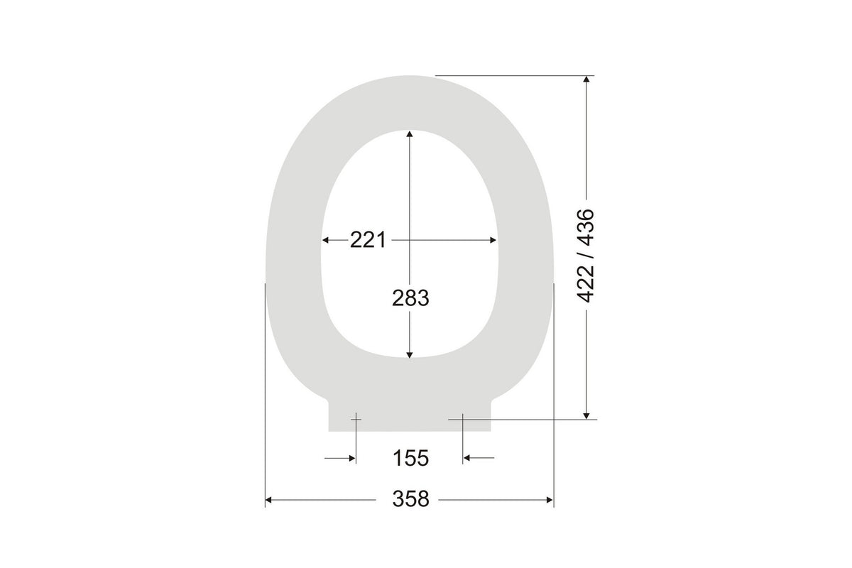 Maßzeichnung FORMAT Pro 2.0 WC-Sitz oval: 358 mm breit, Länge 422-436 mm, Lochabstand 155 mm