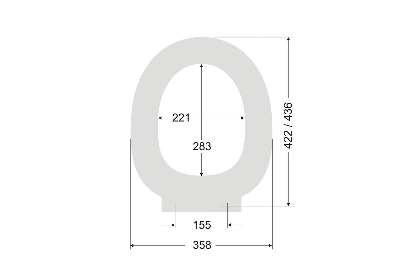 Maßzeichnung FORMAT Pro 2.0 WC-Sitz oval: 358 mm breit, Länge 422-436 mm, Lochabstand 155 mm