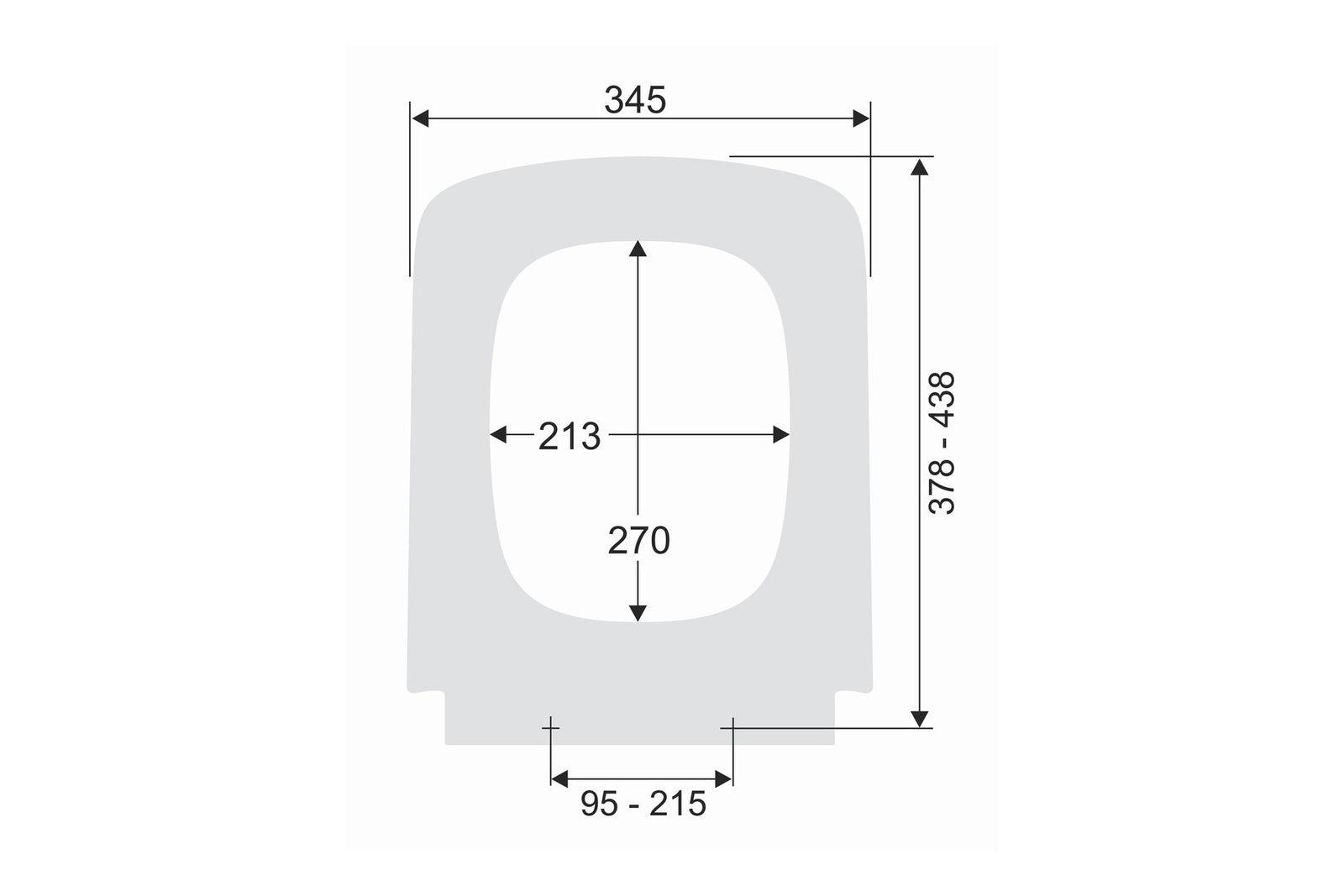 Maßzeichnung FORMAT Pro 2.0 Q WC-Sitz eckig: 345 mm breit, Länge 378-438 mm, Lochabstand 95-215 mm