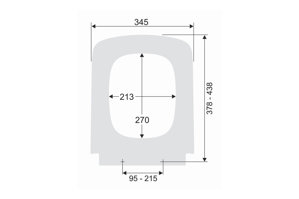 Maßzeichnung FORMAT Pro 2.0 Q WC-Sitz eckig: 345 mm breit, Länge 378-438 mm, Lochabstand 95-215 mm