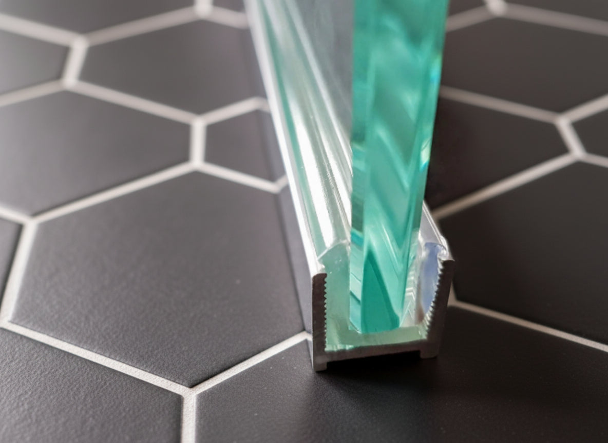 Alu U-Profil mit L-Vinyl und Kederstab, silikonfreie Befestigung für 8 oder 10 mm Glas – Art.Nr. DUC