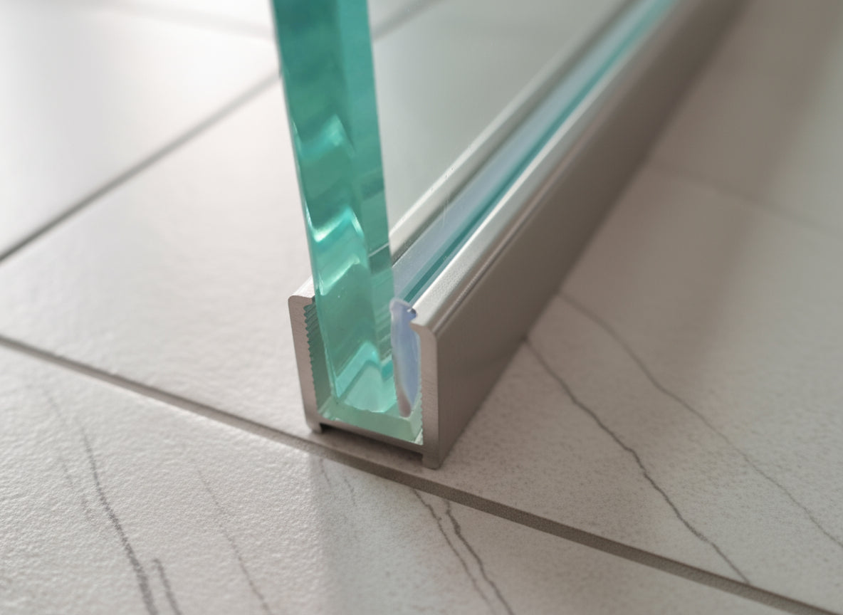 Alu U-Profil mit L-Vinyl und Kederstab, silikonfreie Befestigung für 8 oder 10 mm Glas – Art.Nr. DUC