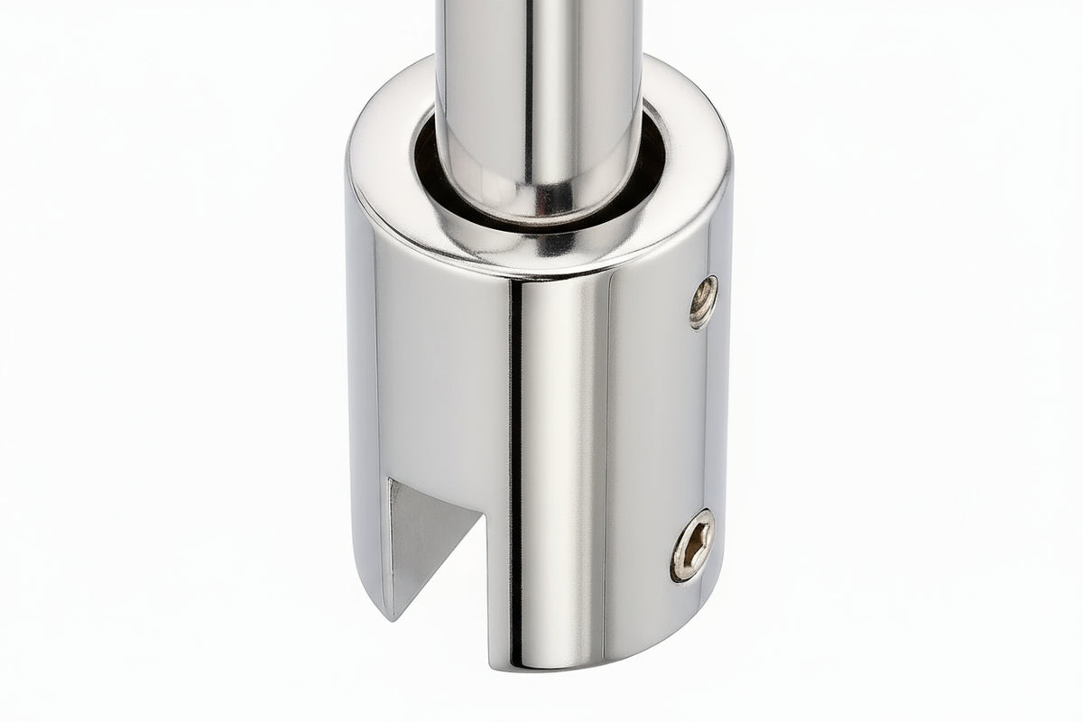 Senkrechter Glashalter für Stabilisierungsstange Ø 19 mm – Deckenmontage, 6-8 mm oder 10-12 mm Glas