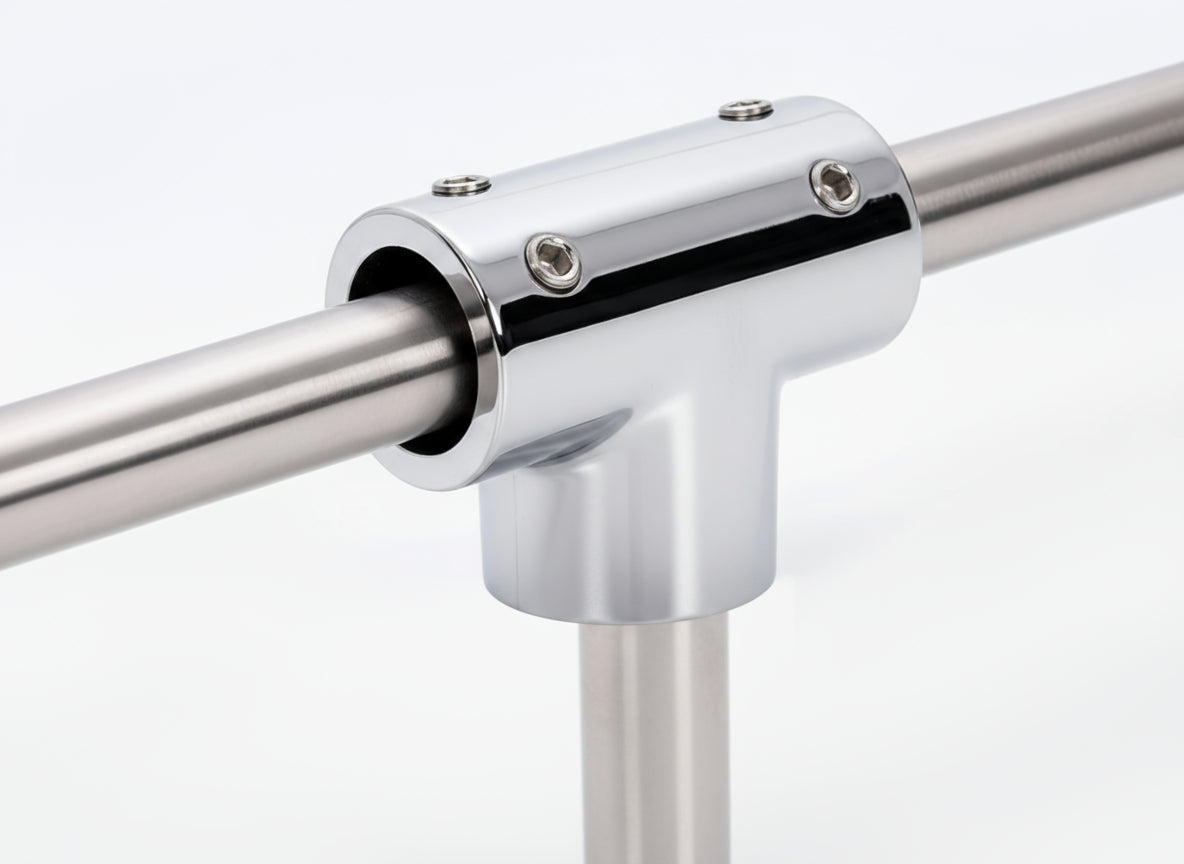 T-Verbinder kurz für Stabilisierungsstange Ø 19 mm – 90° Glasverbindungen, massives Messing