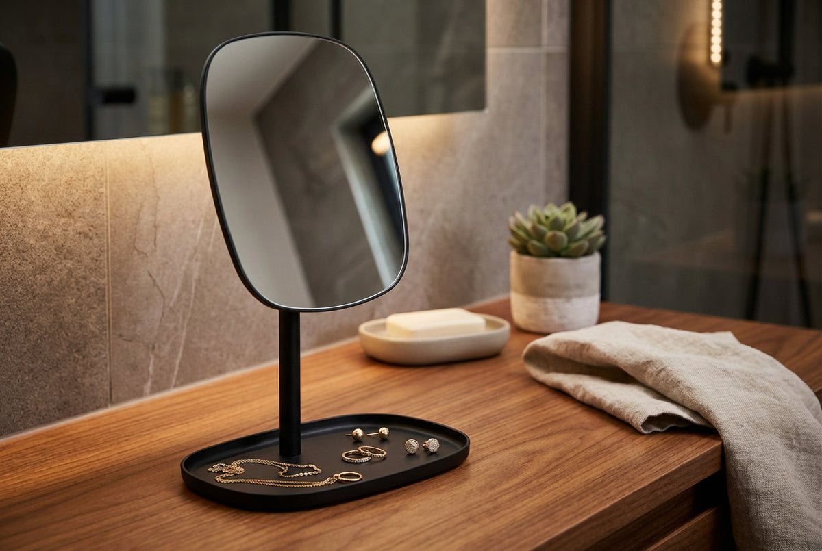 Tischspiegel Satin Square mit Schmuckablage – Modernes Design, klare Sicht, praktische Organisation