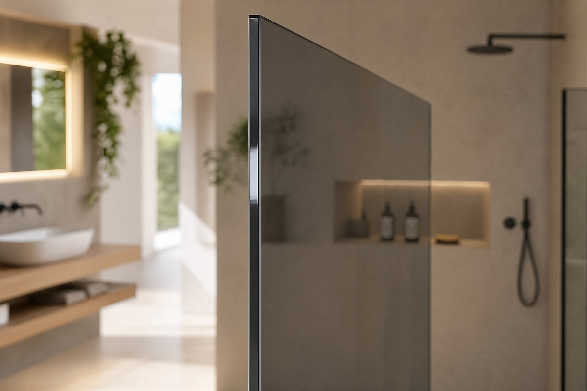 Duschabtrennung aus grau getöntem ESG-Sicherheitsglas, Parsol Grau, in einem modernen Bad