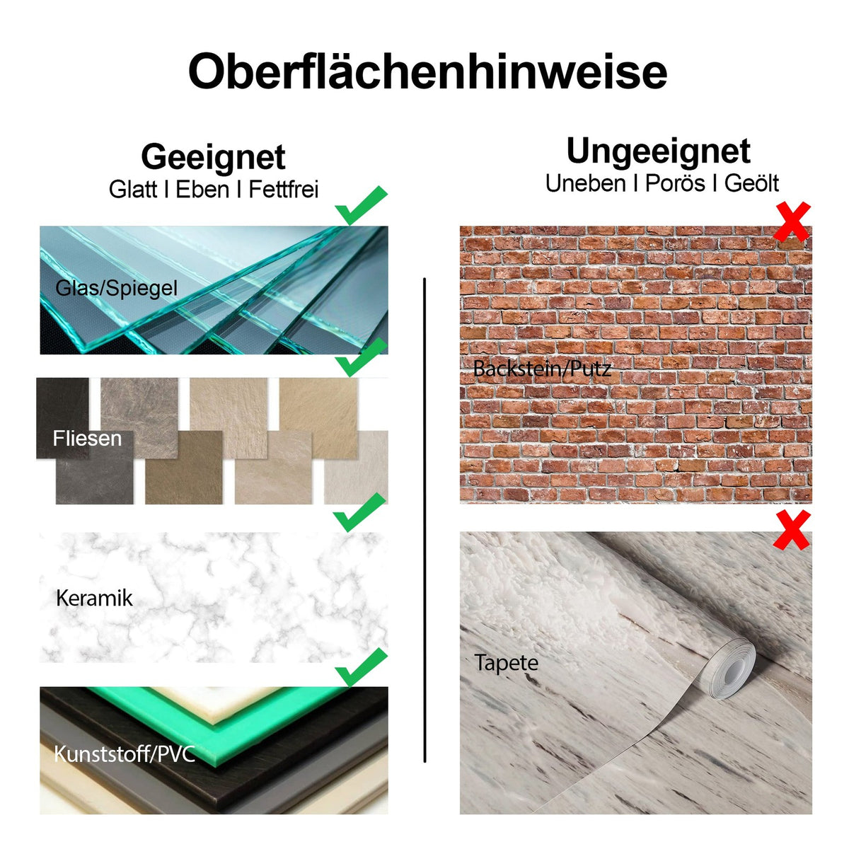 Übersicht geeigneter und ungeeigneter Untergründe für die Klebemontage