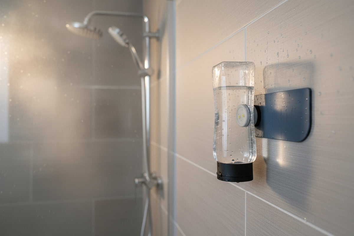 Die magnetische Aufhängung für Duschgel und Shampoo an Wandplatte, Typ MagSpike