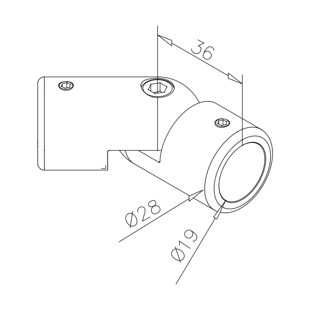 Rohrverbinder variabel, Maßzeichnung Aufnahme Ø 19 mm und Außenmaß Ø 28 mm