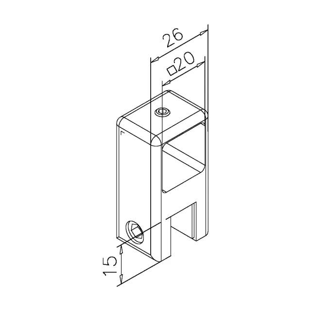 Glashalter offen, Maßzeichnung Außenmaß 26 mm und Glas-Klemmung 15 mm