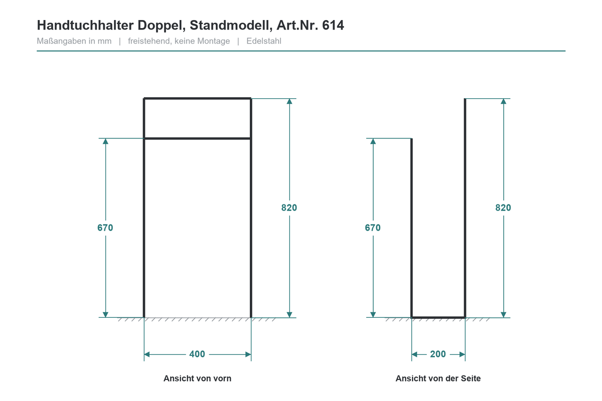Maßzeichnung Handtuchhalter Doppel Standmodell, Art.Nr. 614, Höhe 820 und 670 mm, Standfläche 400 x 200 mm