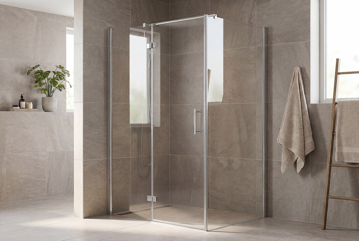 Match dreiseitige Dusche mit glänzend verchromtem Aluminium-Profil und klarem 6 mm ESG-Glas