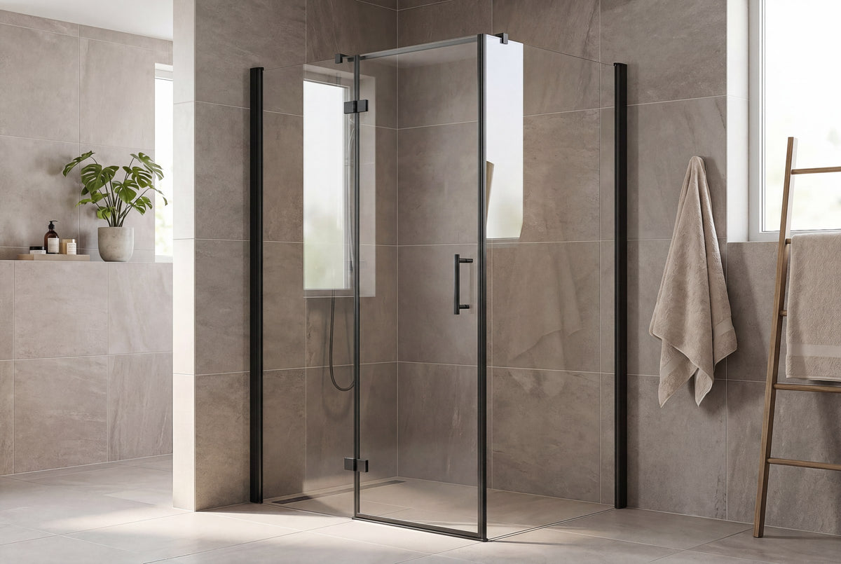 Match dreiseitige Dusche mit mattschwarzem Aluminium-Profil und klarem 6 mm ESG-Glas