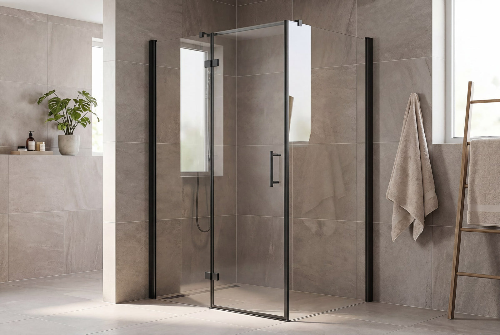 Match dreiseitige Dusche mit mattschwarzem Aluminium-Profil und klarem 6 mm ESG-Glas