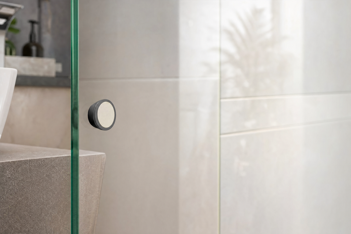 Mini-Punkthalter schwarz hält Glasscheibe flächenbündig an der Wand im Bad