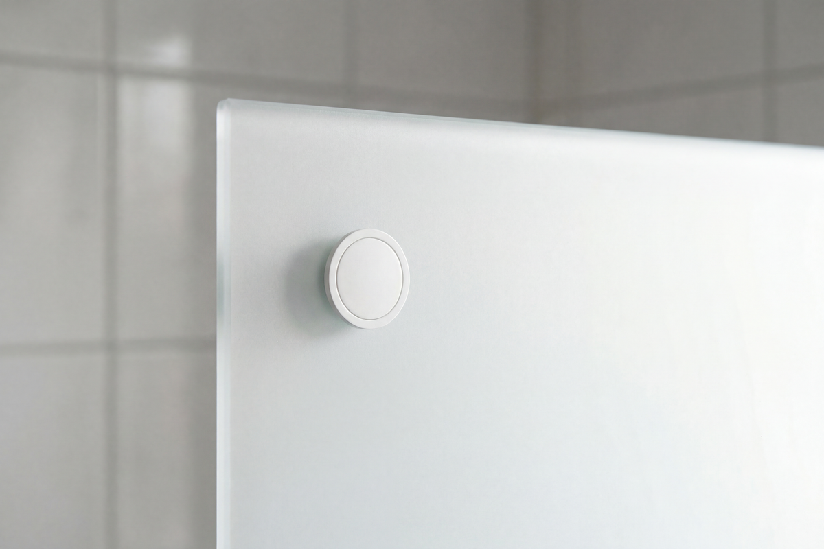 Mini-Punkthalter weiß hält satiniertes Milchglas flächenbündig an der Wand im Bad