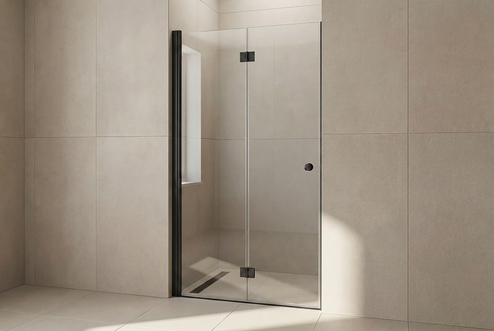 Match Falttür für die Nische mit mattschwarzem Aluminium-Profil und klarem 6 mm ESG-Glas