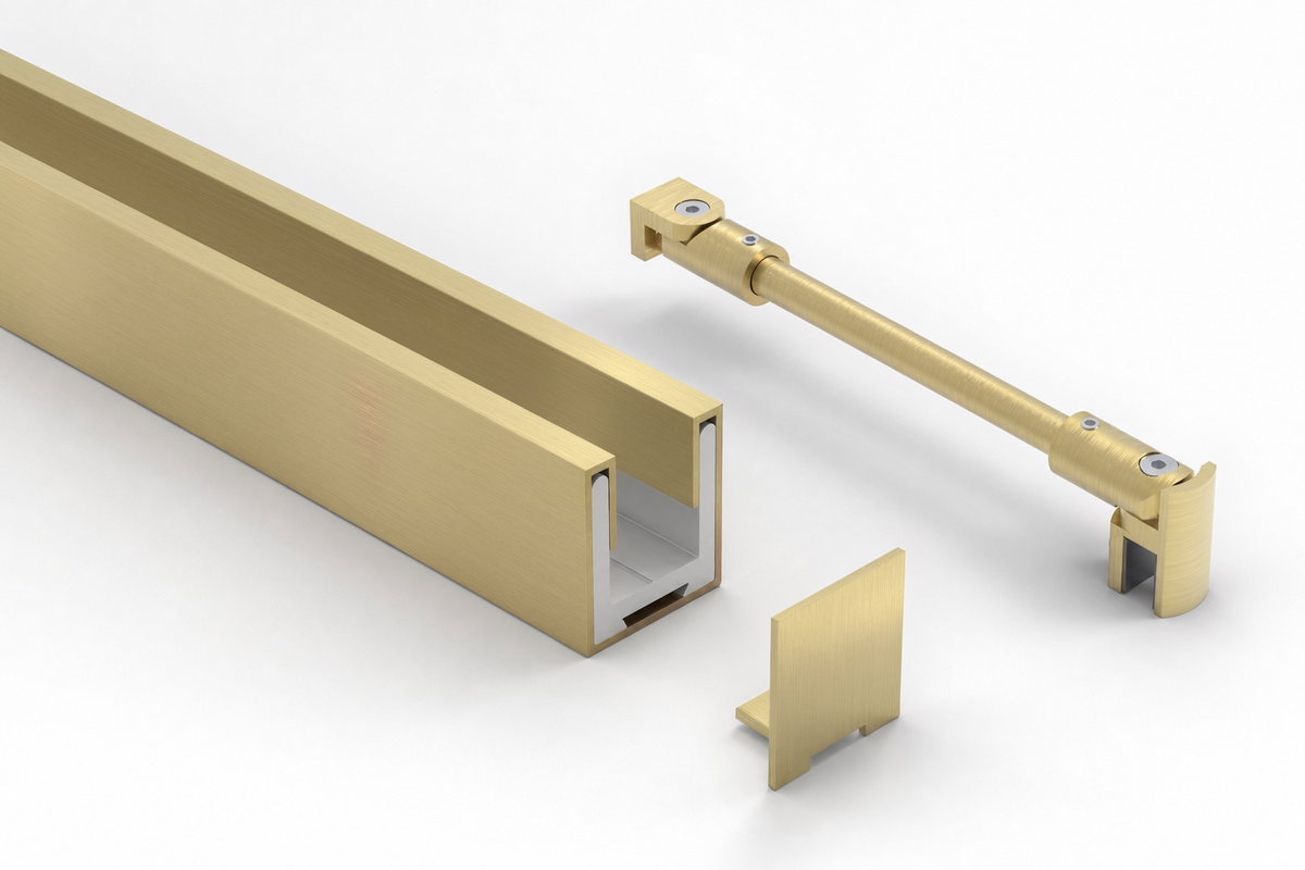 Komplett-Set in Messing matt: U-Profil mit Edelstahlmantel, Endkappe und Stabilisierungsstange rund Ø 12 mm