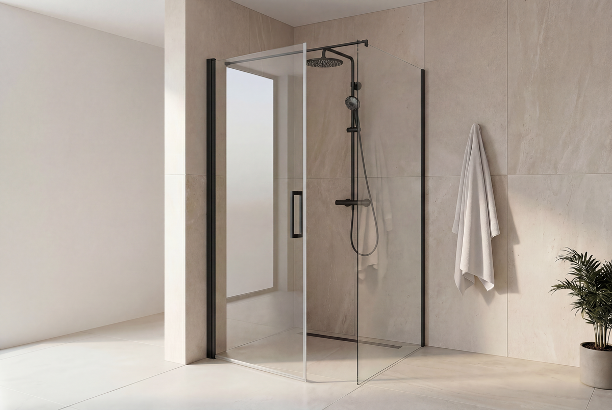 Match Eckdusche Drehtür mit Seitenwand, mattschwarzes Aluminium-Profil und klares 6 mm ESG-Glas